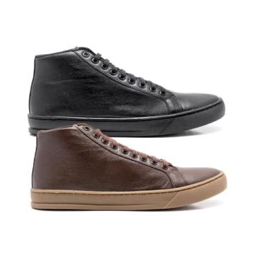 Imagem de kit 2 Tênis Masculino bota em couro cano médio Mike Preto e Café