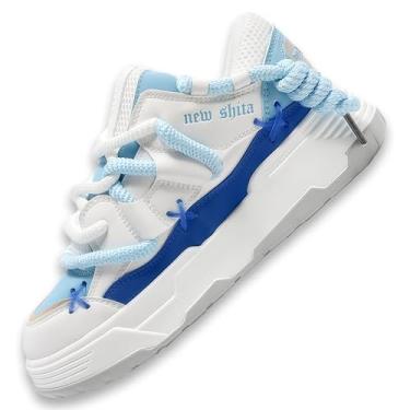 Imagem de NEW SHITA Tênis feminino de couro sintético, moderno, plataforma, grosso, leve, respirável, aumento de altura, unissex, casual, caminhada, tênis de corrida, Branco, azul, 5.5 Women/4 Men