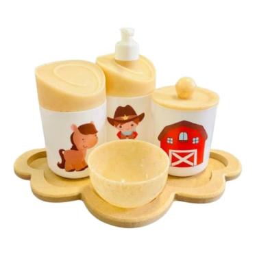 Imagem de Kit Higiene Baby Cowboy Menino c/bandeja em MDF (Nuvem crua/madeira)