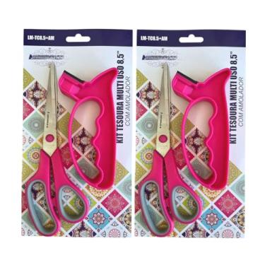Imagem de Kit 2 Tesouras Multiuso Costura Cabo Emborrachado 8,5" 21cm + Amolador Integrado – Corte Preciso Cabo Emborrachado Ergonômico, Esta Tesoura Oferece Cortes Precisos E Um Manuseio Confortável