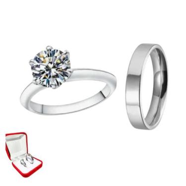 Imagem de Aliança 4mm Reta Prata Namorados + Anel Solitário 2mm Prata Luxo Namor