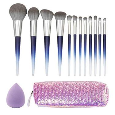 Imagem de Conjunto de 12 pincéis de maquiagem cinza com alça gradiente com bolsa de cosméticos e ferramentas de maquiagem para ovos, contorno, base de blush, corretivos, marcadores de sombras, kits de pincéis