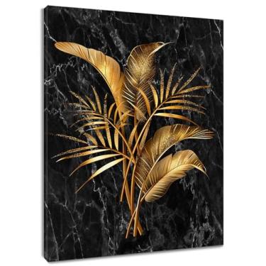 Imagem de LB Arte de parede em tela de folha de palmeira dourada mármore preto emoldurado de madeira arte de parede de banheiro planta tropical impressões verticais geométricas decoração de parede para sala de