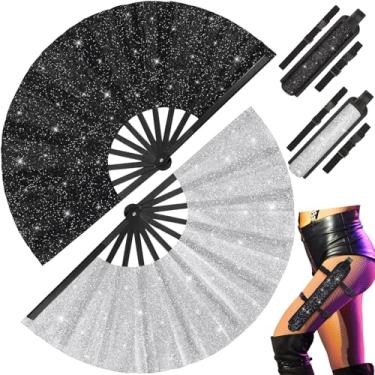 Imagem de Weysat 2 conjuntos de ventiladores grandes dobráveis para botas dançantes no chão, ventiladores com coldre de ventilador para mulheres e homens, ventilador de glitter com alça de perna e bolsa de