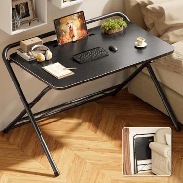 Imagem de Huuger Mesa dobrável com altura ajustável de 3 níveis e compartimento para tablet, mesa de computador dobrável de 81 cm para pequenos espaços, economia de espaço, mesa de trabalho para escritório em