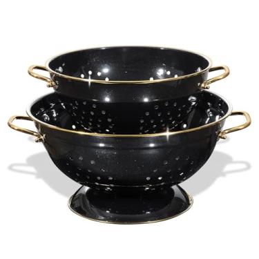 Imagem de Escorredor de metal pacote com 2, 3,5 litros revestido em pó auto-drenante anel sólido base metal grande cozinha macarrão legumes frutas coador com alça (L-BLACK)