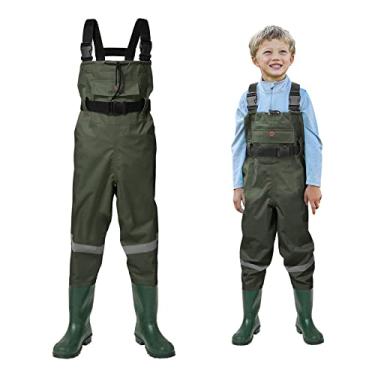 Imagem de Hisea — Calças de pesca infantis de nylon/PVC para crianças e crianças à prova d'água com botas e pulseira de segurança refletora, Verde, 8/9 Big Kid