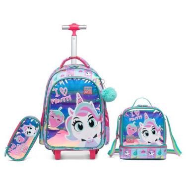 Imagem de Kit Mochila Bolsa Rodinhas Menina Infantil Escolar Reforçada Unicórnio