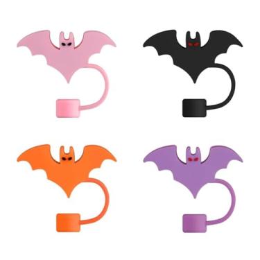 Imagem de 4 peças de cobertura de canudo para copo Stanley de Halloween de 10 mm, capas reutilizáveis de silicone com ponta de canudo em forma de morcego, capas de canudo para decoração de Halloween, protetor