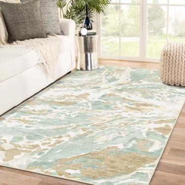 Imagem de DEXDE Tapete para sala de estar, quarto, lavável, moderno, abstrato, antiderrapante, grande, macio, tapete para sala de jantar, quarto, cozinha, escritório, berçário, sala de jogos, verde