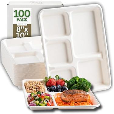 Imagem de brheez Bandeja escolar descartável com 5 compartimentos feita de bagaço - Lancheiras escolares, caminhões de comida ou pratos de cafeteria 20 x 25 cm - pacote com 100