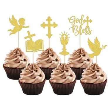 Imagem de 24 PCS God Bless and Cross Cupcake Toppers, Glitter Dove Chalice Bible Baptism Cupcake Picks First Communion Christian Baptism Theme Baby Shower Boys Birthday Party Cake Decorations Gold
