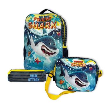 Imagem de Kit Mochila Infantil Escolar com 3 peças Tubarão
