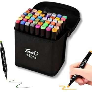 Imagem de Estojo Premium Caneta Ponta Dupla Tiktok Tampa por Cores Marcador Touch Permanente Canetinha Ponta Dupla para Desenho Lettering Profissional e Escolar Livros de Colorir Crianças (48 Cores)