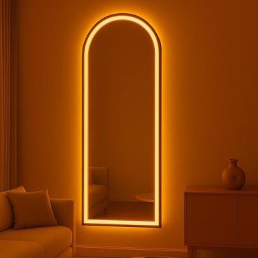 Imagem de Espelho Decorativo Grande Arco Meio Corpo Jateado Led 100x80 - Espelho
