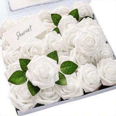 Imagem de SHUERIET Flores artificiais, 25 peças de rosas falsas de espuma branca de aparência real com hastes para buquês de casamento DIY, centro de mesa, chá de panela, decoração de arranjo de flores em casa