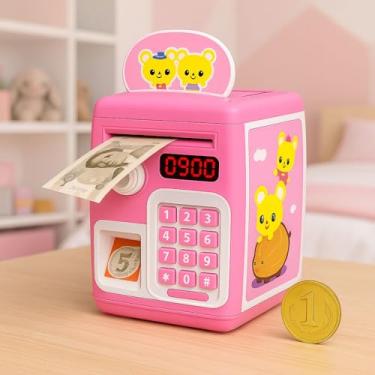 Imagem de Mini Cofrinho Eletrônico Automático Notas Moedas Senha Rosa