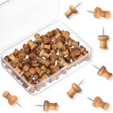 Imagem de Sawysine 80 peças de alfinetes de madeira, lindos pinos decorativos para quadros de cortiça floresta de montanha decoração de sala de aula rústica mapa fotos calendário e projetos de artesanato de