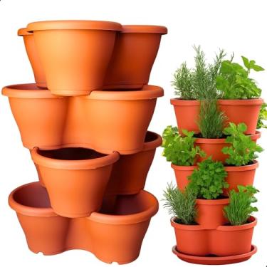 Imagem de Kit 4 Vaso Treviso Terracota Empilhável Jardim Vertical 11L Borda Anti Formiga para Plantas Ornamentais, Hortas, Frutas, Temperos, Suculentas e Flores