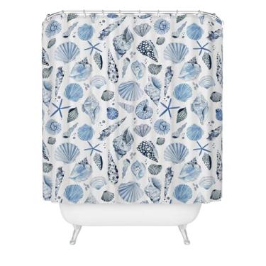 Imagem de Society6 Cortina de chuveiro - Decoração de banheiro por Ninola Designs - Cortinas de chuveiro de tecido extra longo para banheiro, 180 cm x 188 cm, conchas do mar, oceano, marinho, litoral, azul
