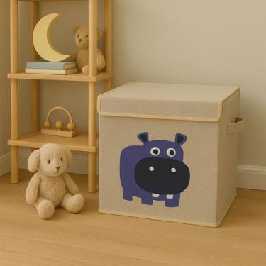 Imagem de Caixa Organizadora Infantil Brinquedos Linho Tampa Baú Okys, Hipopótam