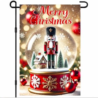 Imagem de BlissYard Bandeira de jardim de inverno de Natal 30,5 x 45,7 cm, bem-vindo, Feliz Natal, bandeira ao ar livre, faixa dupla face para quintal com quebra-nozes, globo de neve e flocos de neve dourados