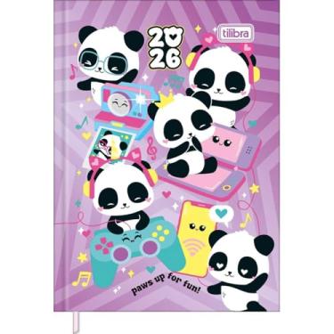 Imagem de Tilibra - Agenda Costurada Mini 7,8 x 10,8 cm Lovely Friend 2026 - Pandas - Fundo Roxo Vídeogame