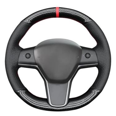 Imagem de MEWANT Capa de volante de couro sintético em relevo em fibra de carbono PU brilhante DIY para Tesla Model Y 2023 Model 3 2023