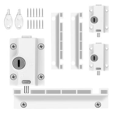 Imagem de 2 peças de fechadura de segurança para porta deslizante, fechaduras de segurança de janela com chave, segurança doméstica para portas deslizantes e trilhos superiores ou inferiores de janelas, batente