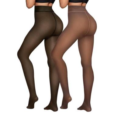 Imagem de Meias femininas forradas de lã X-CHENG, cintura alta térmica, inverno