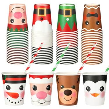 Imagem de Yungyan 80 peças copos de papel de Natal de 255 g com canudos de papel para beber café suco, bebidas, copos descartáveis de Natal, suprimentos para bebidas, decorações de festa de ano novo (estilo fofo)