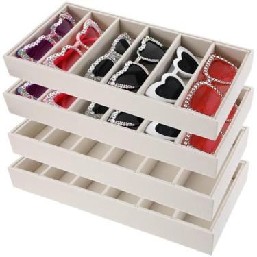 Imagem de Bandeja organizadora de óculos de sol de veludo, 4 peças, empilhável, 6 grades, porta-óculos, gaveta organizadora para mulheres, óculos, expositor de joias, relógio bege