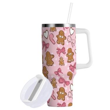 Imagem de Boccsty Copos isolados de pão de gengibre de Natal laço rosa floco de neve corações Snreutilizável copo de aço inoxidável 1,134 g xícara de café caneca de viagem garrafa de água com alça e canudo flip