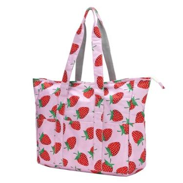 Imagem de Lovelinks21 Bolsa feminina grande com zíper, utilitária, trabalho, viagem, academia, praia, piquenique, férias, bolsa de ombro, Morango, Large