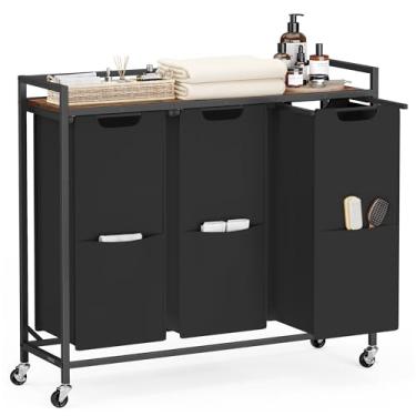 Imagem de VASAGLE Organizador de lavanderia, 165 L, cesto de roupa suja com 3 compartimentos, carrinho de rodinhas com rodas, prateleira, sacos removíveis, bolsos, tinta preta e marrom rústico UBLH031B01