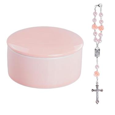 Imagem de kullder Caixa de lembrança para meninas My First Pink Rosary + pulseira, presentes de batismo católico para meninas, comunhão católica para crianças, presentes de batismo para meninas ou crianças chá