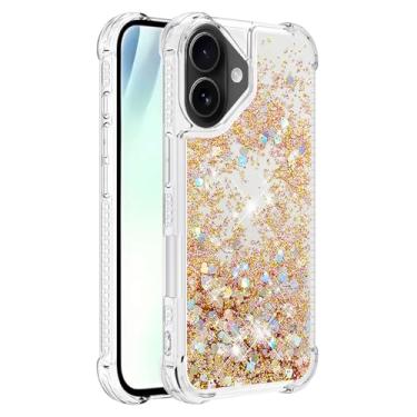 Imagem de Capa de telefone à prova de choque para iPhone 17 com glitter líquido de areia movediça e corações flutuantes, capa de TPU de camada dupla reforçada com 4 cantos, protetor de telefone seguro
