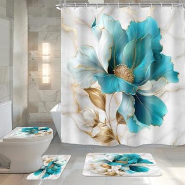 Imagem de Riyidecor Conjunto de 4 peças de cortina de chuveiro de banheiro floral de mármore dourado azul-petróleo conjunto de decoração de banheiro abstrato com tapetes e acessórios tapete minimalista para