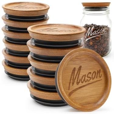 Imagem de Pacote com 12 tampas reutilizáveis para conservas de boca regular e boca pequena grande tampas de madeira para copos de vidro, tampa de bambu para potes de pedreiro, acessórios decorativos para