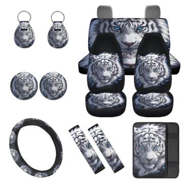 Imagem de Horeset Conjunto completo de capas de assento de carro Cool Tiger pacote com 12 capas de volante, capa de console central, porta-chaves e capa de cinto de segurança de carro universal para a maioria
