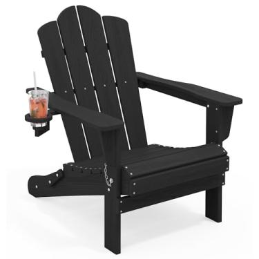Imagem de KINGYES Cadeira dobrável Adirondack, cadeiras de pátio HDPE para todos os climas com suporte para copos, cadeiras de madeira texturizadas para fogueira para piscina, quintal, deck, preta