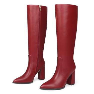 Imagem de COLETER Botas femininas cano alto bico fino botas Gogo grossas com zíper bloco salto alto, Borgonha, 35