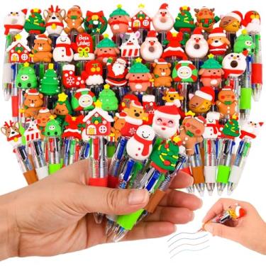 Imagem de LiYiQ 50 canetas multicoloridas de Natal em um desenho animado, fofas, divertidas 4 em 1, canetas esferográficas fofas e fofas Kawaii, árvore de Natal, boneco de neve, Papai Noel, rena, para crianças