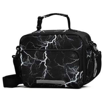 Imagem de Lancheira branca preta relâmpago para meninos meninas lancheira térmica infantil bolsa térmica alça de ombro reutilizável escola piquenique viagem escritório