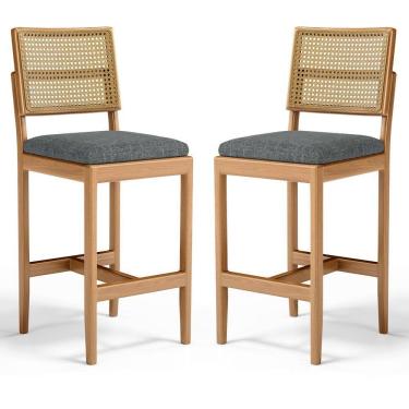 Imagem de Kit Com 2 Banqueta Milena Madeira Maciça Assento Estofado Encosto De Tela Palha Sextavada