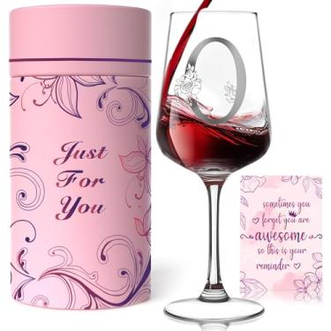 Imagem de Presentes de taça de vinho monograma personalizados para mulheres - Taça de vinho A-Z personalizada com caixa de presente e cartão comemorativo, presentes de aniversário exclusivos de Natal para ela