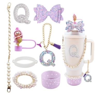 Imagem de Conjunto de acessórios de copo Stanley de 8 peças para copo de 1,134 g e 850 g com alça, incluindo topo de palha, bota, alça de alça de garrafa de água, decoração de arco de palha, pulseiras, pingente