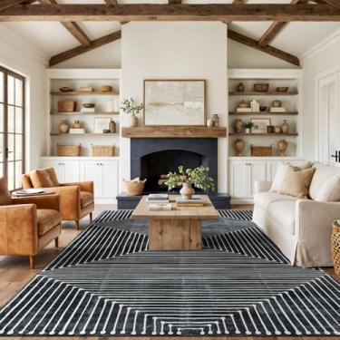 Imagem de Rugshop Tapete de área antiderrapante lavável com listras boêmias Marbella 2,5 x 25,4 m, preto