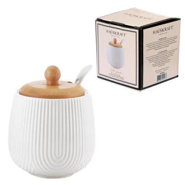 Imagem de Açucareiro Com Colher De Cerâmica E Tampa Bambu 360ml Cor Branco - Haü