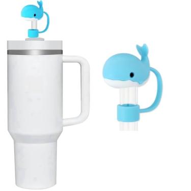 Imagem de Capa de palha de baleia azul para copo Stanley de 40 e 850 g, tampa de cobertura de palha de silicone de 10 mm para acessórios de copo Stanley, bonito topo de palha para copos, tampa de palha para